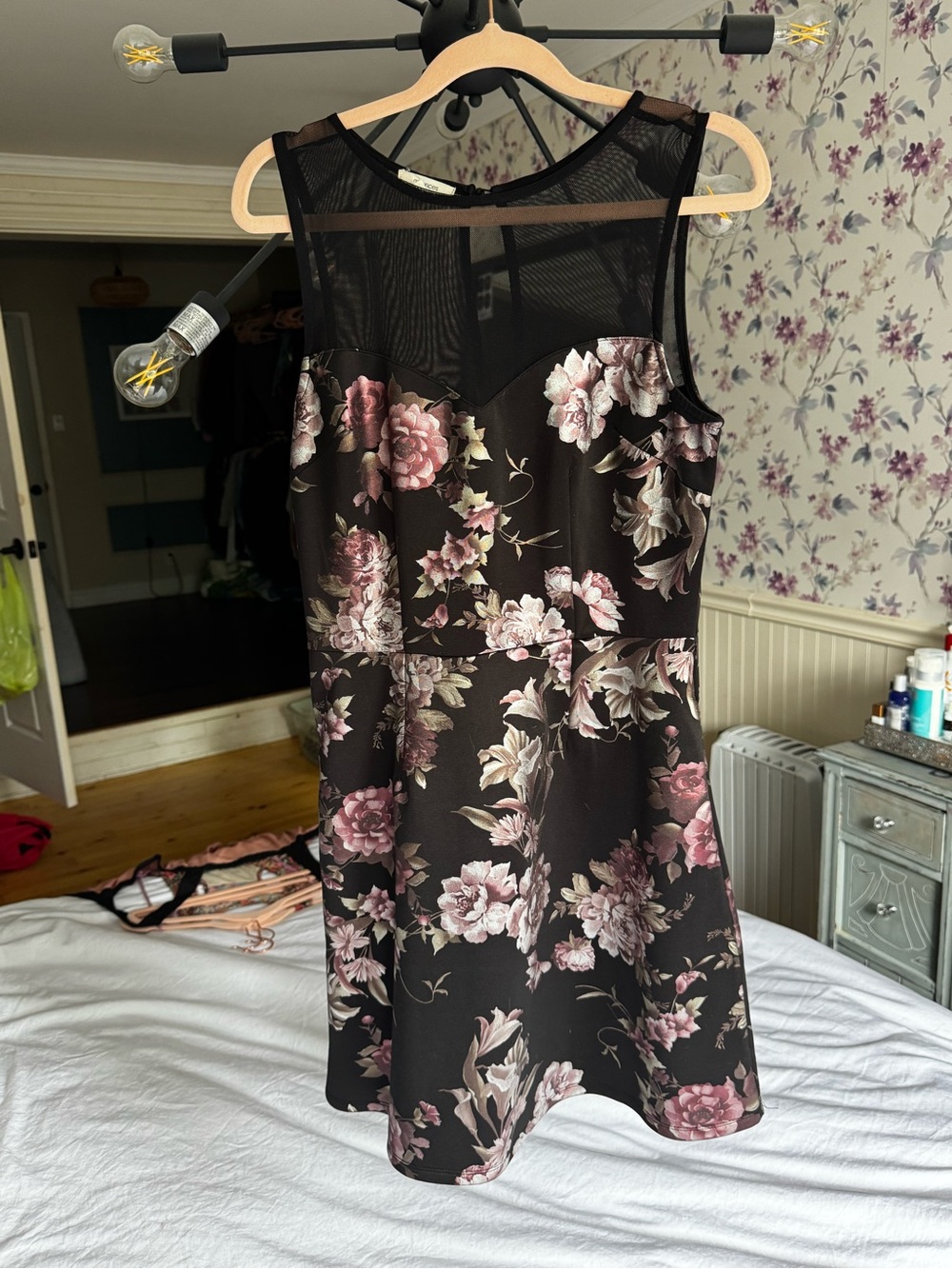 Maurices Black Fit & Flare Dress with Pink Floral
